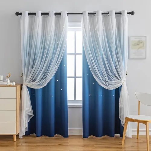 Cortinas opacas con estrellas de Anytime para habitaciones de niñas, cortina de princesa para habitación de hija, ventana de dormitorio (azul Azul
