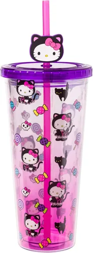 Miniatura 18 de Silver Buffalo Sanrio Hello Kitty Bow Pink Polka Dots - Vaso frío de plástico con tapa y tapa con pajita, 24 onzas Lazo Hello Kitty y lunares rosados