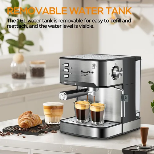 Miniatura 5 de Plum chef Máquina de café espresso profesional de 20 bar con espumador de leche, doble disparo, compatible con cápsulas ESE, tanque de agua