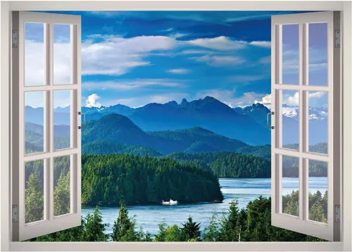Calcomanía de pared 3D con ventana de paisaje de lago y montaña, papel tapiz extraíble, vinilo para decoración del hogar, West Mountain™ W13 (grande