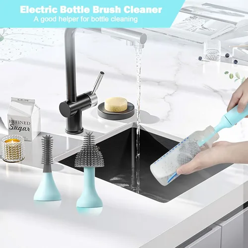 Miniatura 2 de Juego de cepillos eléctricos para biberones con limpiador de cepillo eléctrico recargable y cepillos de silicona reemplazables y limpiador de Azul