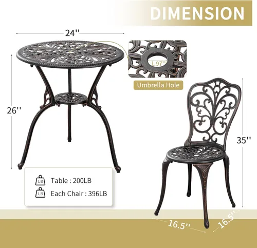 Miniatura 5 de Juego de mesa y sillas de patio para exteriores de 3 piezas, para todo tipo de clima, juegos de bistró de aluminio fundido con agujero