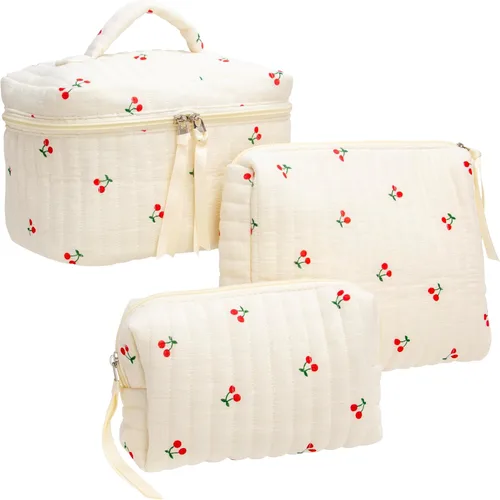 Miniatura 25 de PAZIMIIK - Bolsa de maquillaje de algodón para mujer, grande, acolchada para viaje, Rosa (Bow Pink), Vintage