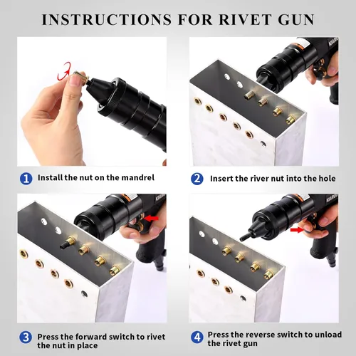 Miniatura 6 de Pistola Neumática para Tuercas Remachables 8-32,10-24,1/4-20 con Mandriles de Repuesto, Pistola de Remachadora de Tuerca de Grado Industrial 1500