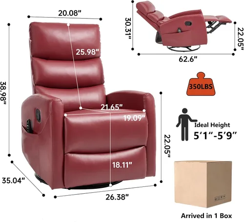 Miniatura 3 de PELUMY Sillón reclinable y mecedora giratoria de 360° con calor y masaje vibratorio, silla balancín para adultos, sillón reclinable compacto
