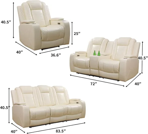 Miniatura 2 de Juego de sofá reclinable eléctrico, seccional de cuero transpirable beige, juego de muebles de sala de estar, 2 piezas, sofá reclinable eléctrico