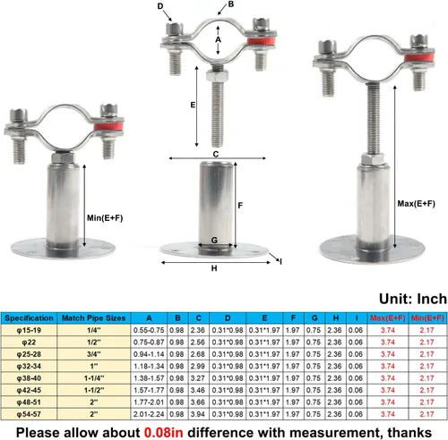 Miniatura 2 de 4 soportes de tubo de montaje en pared de acero inoxidable 304, adecuados para tubos OD de 1-1/4 pulgadas (1.496-1.575 in), altura ajustable