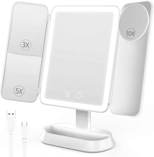 FRANO Espejo de maquillaje plegable de tres pliegues con luces, espejo recargable con aumento de 2X/3X/10X, espejo de tocador portátil para