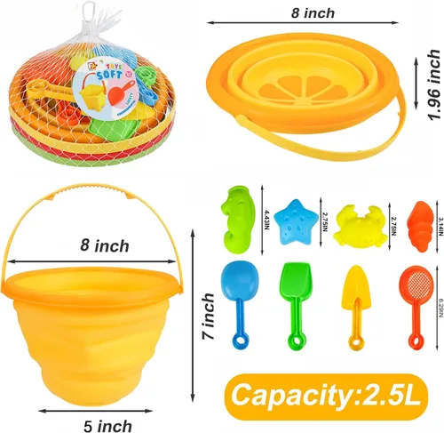 Miniatura 6 de Juego de juguetes de arena de playa para niños, cubo de playa plegable de silicona plegable para viajes, juguetes de playa para verano al aire