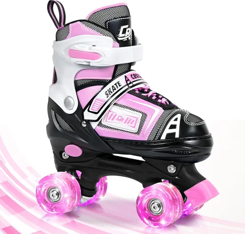 Patines cuádruples ajustables para niños, adolescentes y adultos, ruedas iluminadas, ajuste cómodo, cierre seguro, patines para interiores y