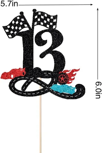 Miniatura 2 de Decoración para tartas de cumpleaños número 13, decoración para tartas de trece años con purpurina rápida, bandera a cuadros, pista de carreras