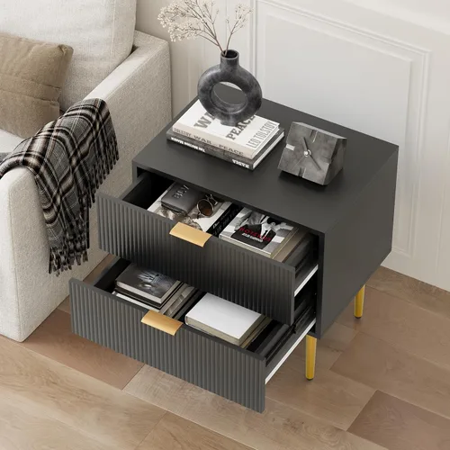 Miniatura 5 de Mesita de noche, mesita de noche negra y dorada con panel estriado, mesa de cabecera con 2 cajones, mesita de noche moderna grande de mediados