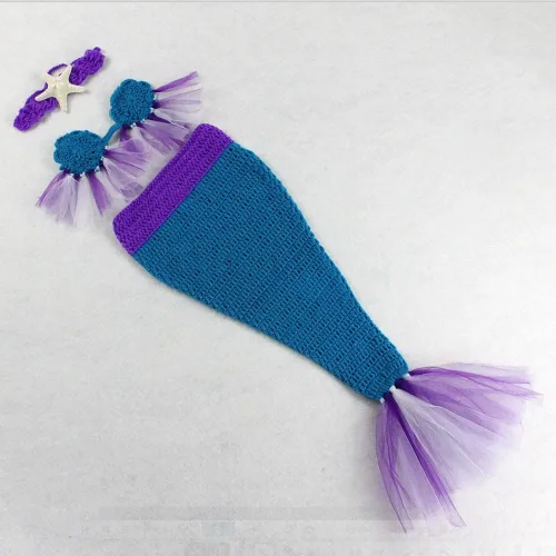 Miniatura 3 de Accesorios de fotografía para recién nacidos, diadema de estrella, brasier y cola de sirena para sesión de fotos de bebé (azul oscuro)