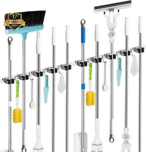 Miniatura 10 de Soporte de pared negro para fregona y escoba con 5 estantes y 4 ganchos, organizador de escobas, estantes de almacenamiento de herramientas de acero