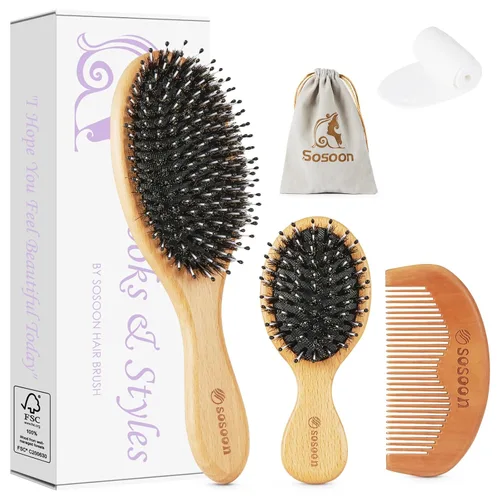 Miniatura 9 de Cepillo de pelo, paquete de 2 cepillos de cerdas de jabalí para mujeres, hombres, niños, reducir el encrespamiento, no más enredos, cepillo de viaje
