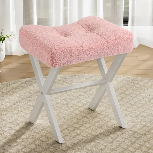 Miniatura 20 de Memobarco Taburete Silla de Tocador de 18 Pulgadas, Banco de Tocador con Patas en X de Metal, Taburete Otomán de Acento con Tela Bouclé Transpirable