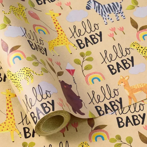 Miniatura 10 de RUSPEPA - Rollo de papel para envolver regalos con diseño de animales del bosque, mini rollo, papel kraft con texto "Oh Baby" para baby shower
