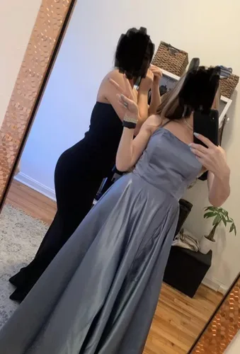 Miniatura 5 de POMUYOO Vestidos de dama de honor con tirantes delgados para mujer, con bolsillos, vestido largo de baile de graduación con abertura, vestido formal