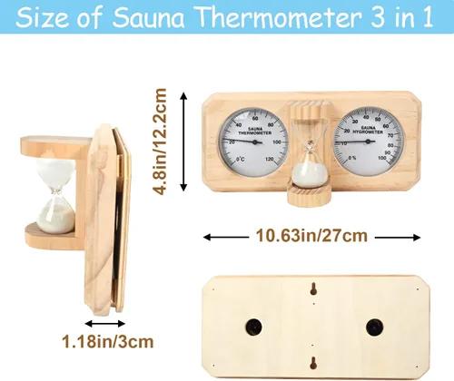 Miniatura 2 de ikare Termómetro e higrómetro para sauna 3 en 1 de madera con temporizador de arena de reloj de arena de 15 minutos, accesorios de pared para sauna