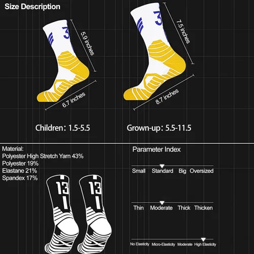 Miniatura 4 de 2 pares de calcetines de baloncesto para hombres y niños, equipo de baloncesto con número de la suerte, calcetines de estrella para niños y adultos