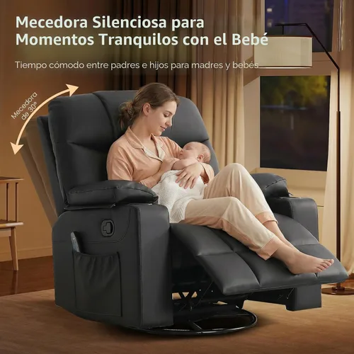 Miniatura 8 de Bonzy Home Sillón reclinable mecedor giratorio de gran tamaño, silla reclinable mecedora de 40 pulgadas con calefacción y masaje, sillón individual