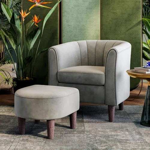 Miniatura 10 de LINSY Silla decorativa con otomana, sillón moderno, cómoda silla de lectura de barril con reposapiés para sala de estar, dormitorio, sala de Beige