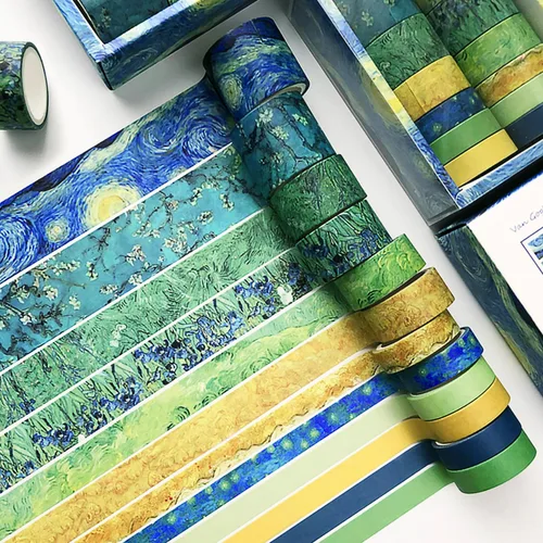 Miniatura 5 de CooBigo Juego de cintas Washi, 12 rollos de 4 tamaños de cintas adhesivas decorativas para manualidades, álbumes de recortes, bricolaje, Pista azul