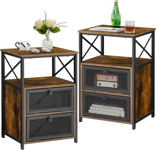 Miniatura 12 de VECELO Juego de 2 mesitas de noche, mesa auxiliar con cajón abatible, moderna mesita de noche para dormitorio, sala de estar, oficina, fácil