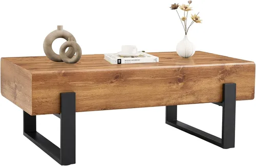 Miniatura 3 de Mesa de centro rectangular rústica de 47.24 pulgadas MDF con patas de metal para sala de estar, comedor, dormitorio, oficina A-rectángulo-marrón