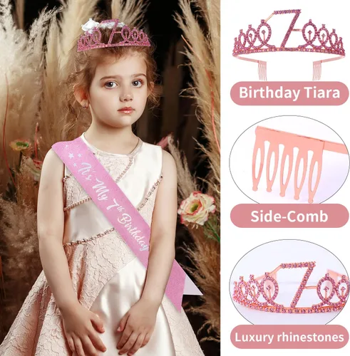 Miniatura 4 de Banda y tiara de cumpleaños número 7 con vela y corona de strass, mi 7º cumpleaños, topper de pastel de feliz cumpleaños, 7 globos de papel