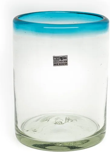 Miniatura 10 de Juego de 6 vasos soplados a mano (10 onzas) de México con borde azul cobalto, cristalería de vidrio de burbujas reciclada, rústica y hecha a mano