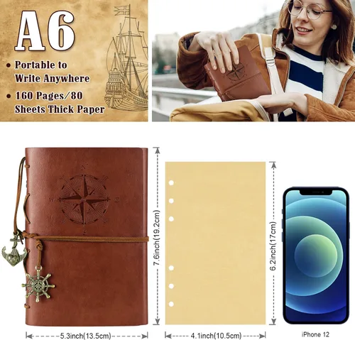 Miniatura 2 de Libreta Maleden de estilo clásico de alta calidad, de hojas recargables, de cuero sintético repujado, diario de viaje con páginas en blanco y Marrón