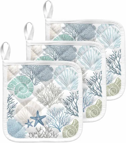 Soportes para ollas de cocina, color azul y verde azulado, con aislamiento térmico, diseño de estrellas de mar y playa de verano, modernas y