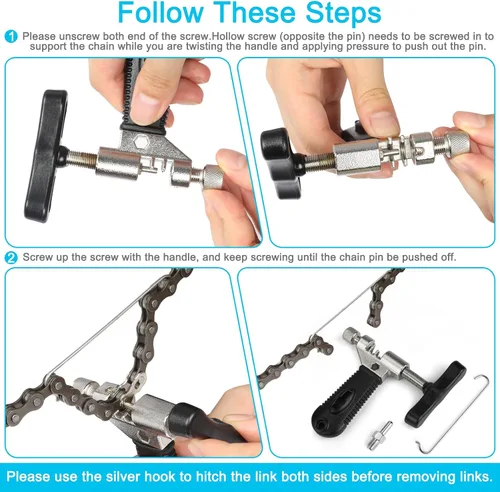 Miniatura 5 de Alicates de eslabones de bicicleta + herramienta divisora de cadena + comprobador de cadena + 3 pares de eslabones faltantes de bicicleta, abridor