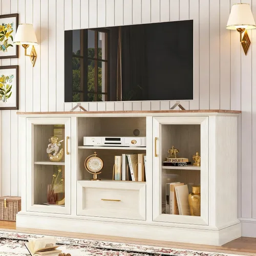Miniatura 7 de Soporte de TV de granja para TV de 55/60/65 pulgadas, consola multimedia alta con 2 puertas de vidrio y 3 estantes ajustables, centro