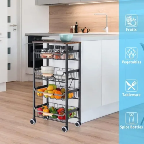 Miniatura 5 de Carrito de almacenamiento de cocina con ruedas, carrito de cocina con almacenamiento y ruedas, carrito de metal rodante de malla, carrito