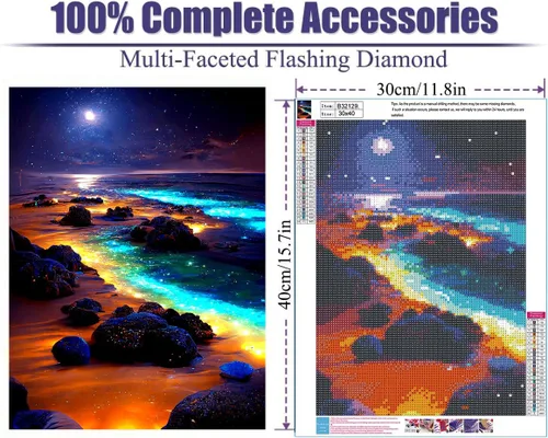 Miniatura 2 de Kits de Arte de Diamante Yunnuo para Adultos, Pintura de Diamante de Playa de Luna Llena para Principiantes, Pintura DIY con Taladro Completo