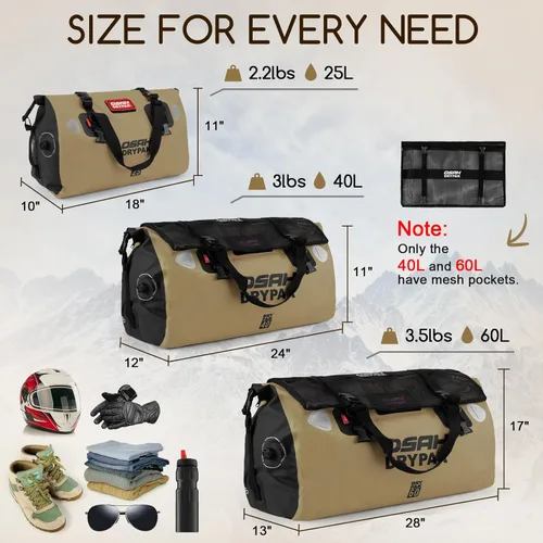Miniatura 2 de OSAH DRYPAK Bolsa de lona impermeable – Bolsa seca para motocicleta con gran espacio de almacenamiento, bolsas de equipaje impermeables con bolsillo