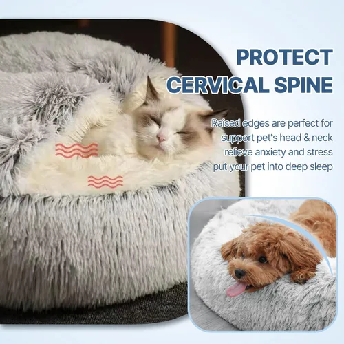Miniatura 3 de SUOXU Cama antiansiedad para gatos, cueva de felpa con capucha, 20 pulgadas de diámetro, adecuada para mascotas pequeñas a medianas, color rosa