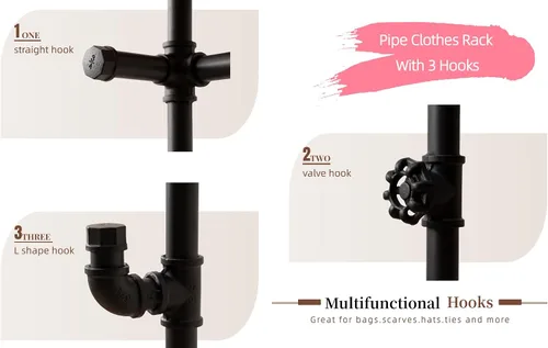 Miniatura 8 de Perchero industrial de tubería con ruedas, percheros de hierro rodante con estantes de madera, percheros comerciales resistentes, perchero de ropa
