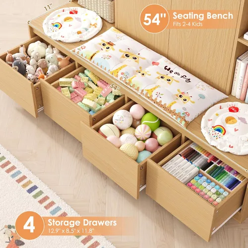 Miniatura 4 de HIFIT Estantería 4 en 1 para niños y organizador de almacenamiento de juguetes con banco, estantería para niños de 10 cubos con rincón de lectura