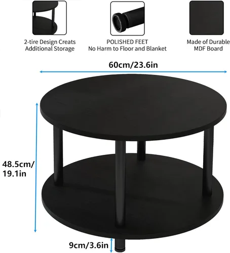 Miniatura 3 de Mesa auxiliar redonda de 23.6 pulgadas, mesa auxiliar circular pequeña de 2 niveles con almacenamiento, mesa central moderna con marco de metal