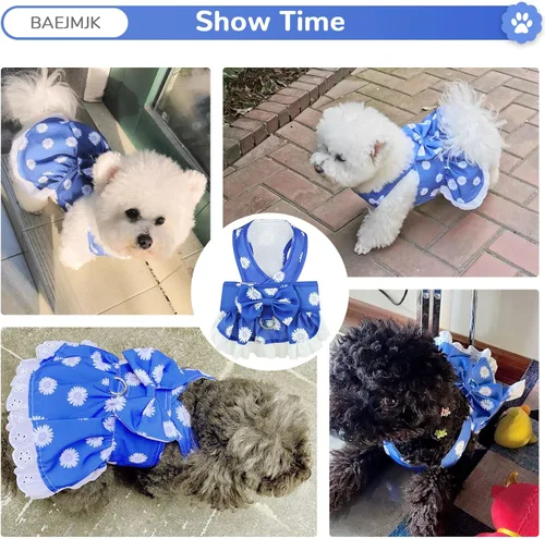 Miniatura 3 de BAEJMJK Juego de arnés y correa para perros pequeños, vestido de cachorro con lazo floral para niña, transpirable, lindo vestido de princesa