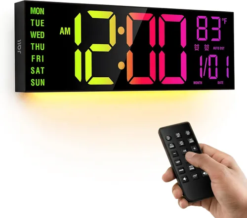 JALL Reloj digital grande de montaje en pared de 13 pulgadas para sala de estar, temporizador de cuenta regresiva, alarma, LED grande, DST, Negro