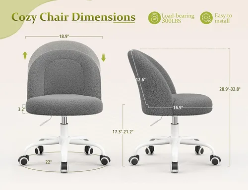 Miniatura 2 de DurayLoly Silla de tocador con respaldo, bonita silla de escritorio con ruedas, silla de oficina sin brazos ajustable en altura, soporte lumbar Gris