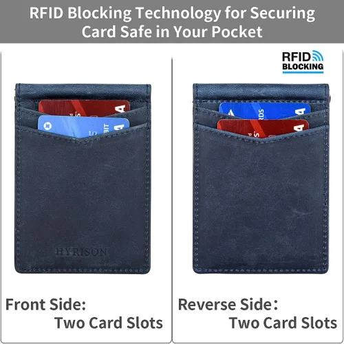 Miniatura 4 de HYRISON Cartera de cuero genuino Slim doble bolsillo frontal para hombres con clip de dinero bloqueo RFID