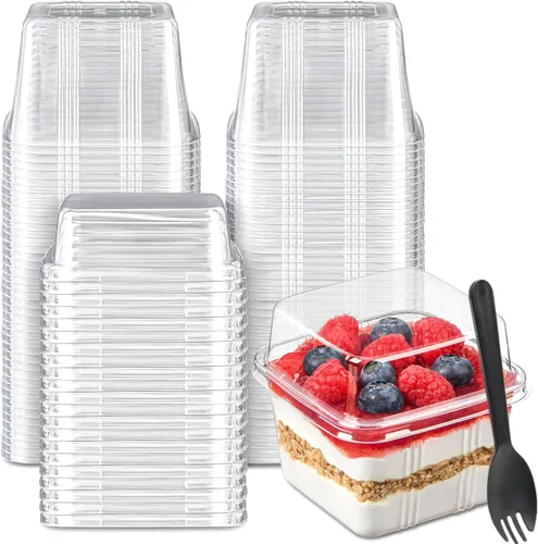 Miniatura 10 de Zezzxu 8 oz Square Dessert Cups with Lids and Spoons, 25 Sets Clear Plastic Cups with Dome Lids & Sporks for Yogurt Parfait, Fruit, Pudding, Cake