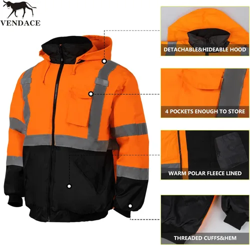 Miniatura 4 de VENDACE Chaquetas de seguridad reflectantes de alta visibilidad para hombre, forro polar ANSI Clase 1 Hi Vis, chaqueta de invierno con capucha