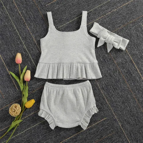 Miniatura 3 de Conjunto de ropa de verano para bebé recién nacida, vestido de tirantes de punto, con volantes y pantalones cortos, conjunto de trajes sólidos