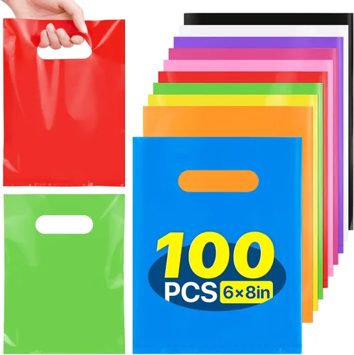 ANZNKU 100 bolsas de regalo pequeñas multicolor con asa para dulces, muestras de bocadillos, manualidades, bolsa de regalo de plástico a granel para